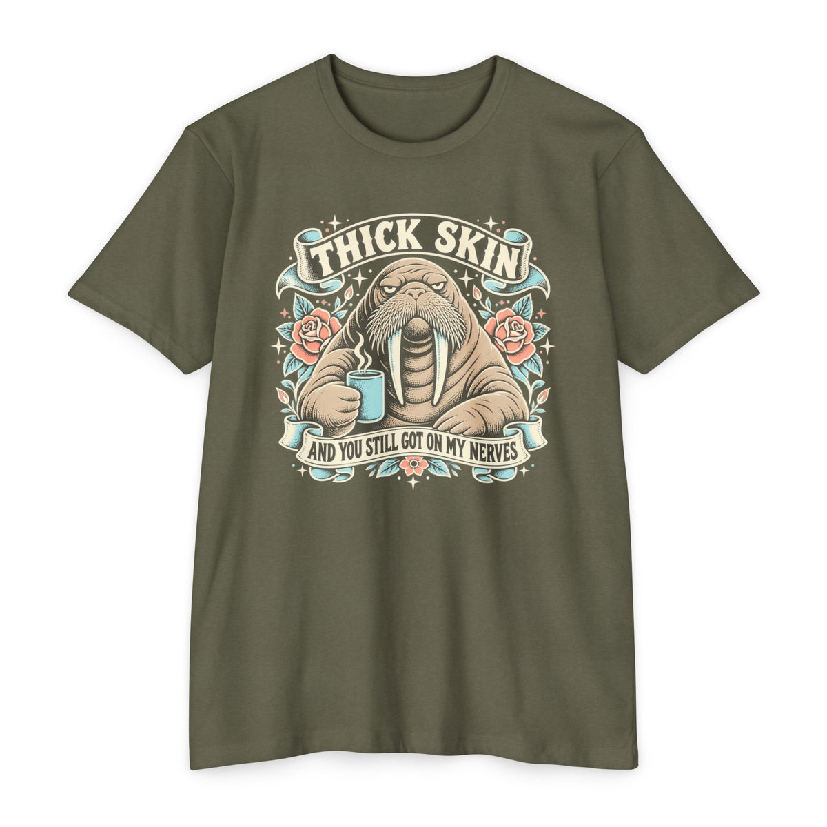 Walrus graphic t-shirt in olive green with front chest logo and banner text