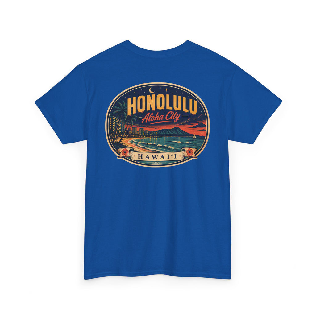 Royal blue T-shirt with circular HONOLULU Aloha City graphic on front