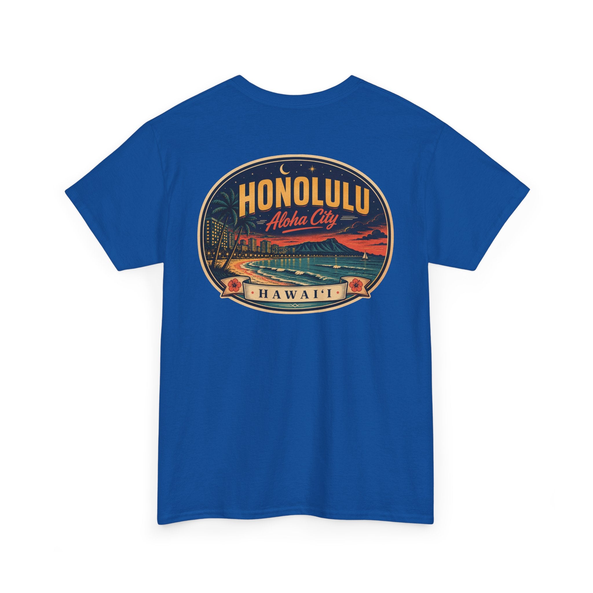 Royal blue T-shirt with circular HONOLULU Aloha City graphic on front