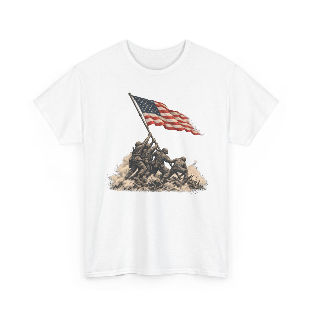 White graphic T-shirt with waving American flag over raised battle scene