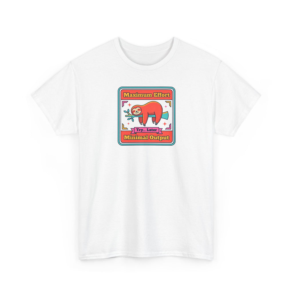 White T-shirt with crew neck, short sleeves, and colorful sloth graphic front