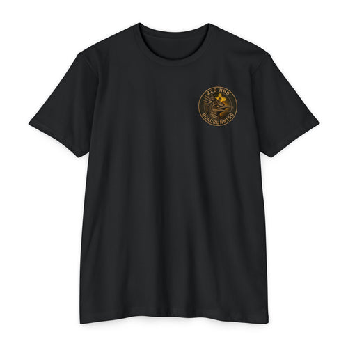 Black crewneck T-shirt with small circular logo on the front.