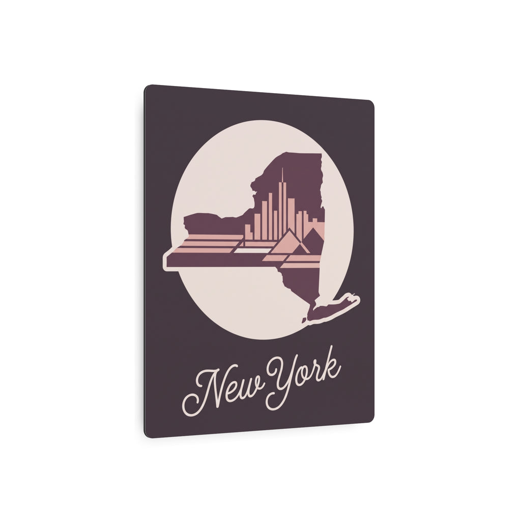 Square metal wall art with circular New York skyline silhouette and script “New York”.