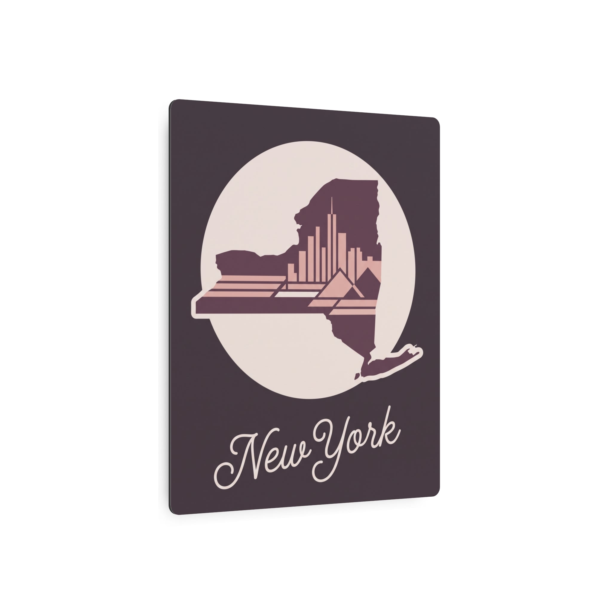Square metal wall art with circular New York skyline silhouette and script “New York”.