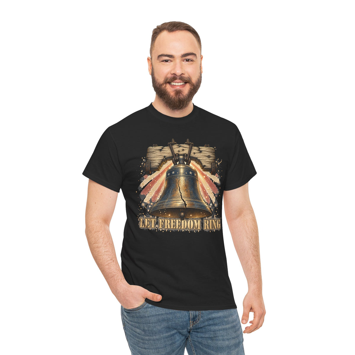 Black crewneck graphic T-shirt worn by model, bell design centered on front.