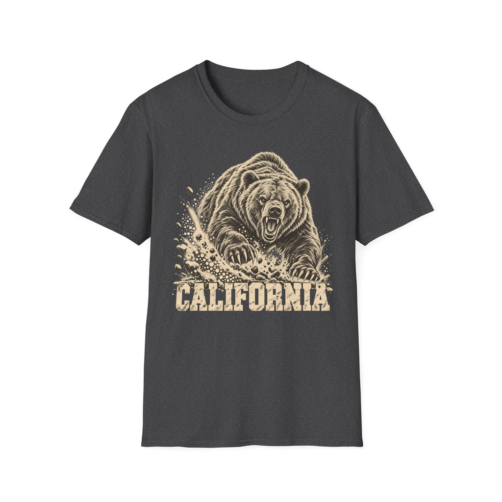 Charcoal heather bear graphic t-shirt with vintage California wordmark and roaring bear print