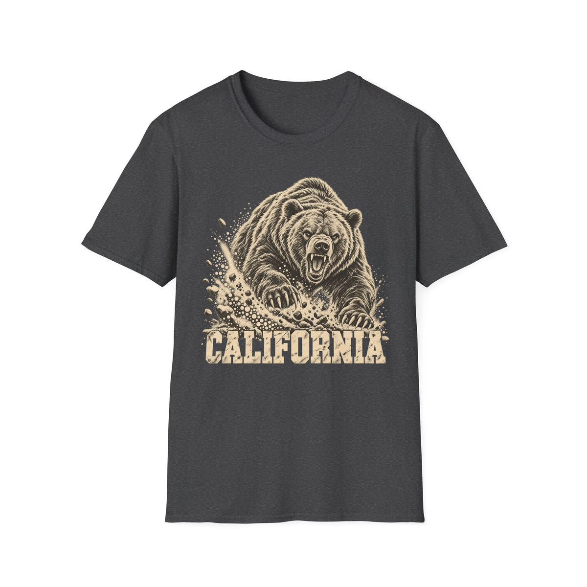 Charcoal heather bear graphic t-shirt with vintage California wordmark and roaring bear print