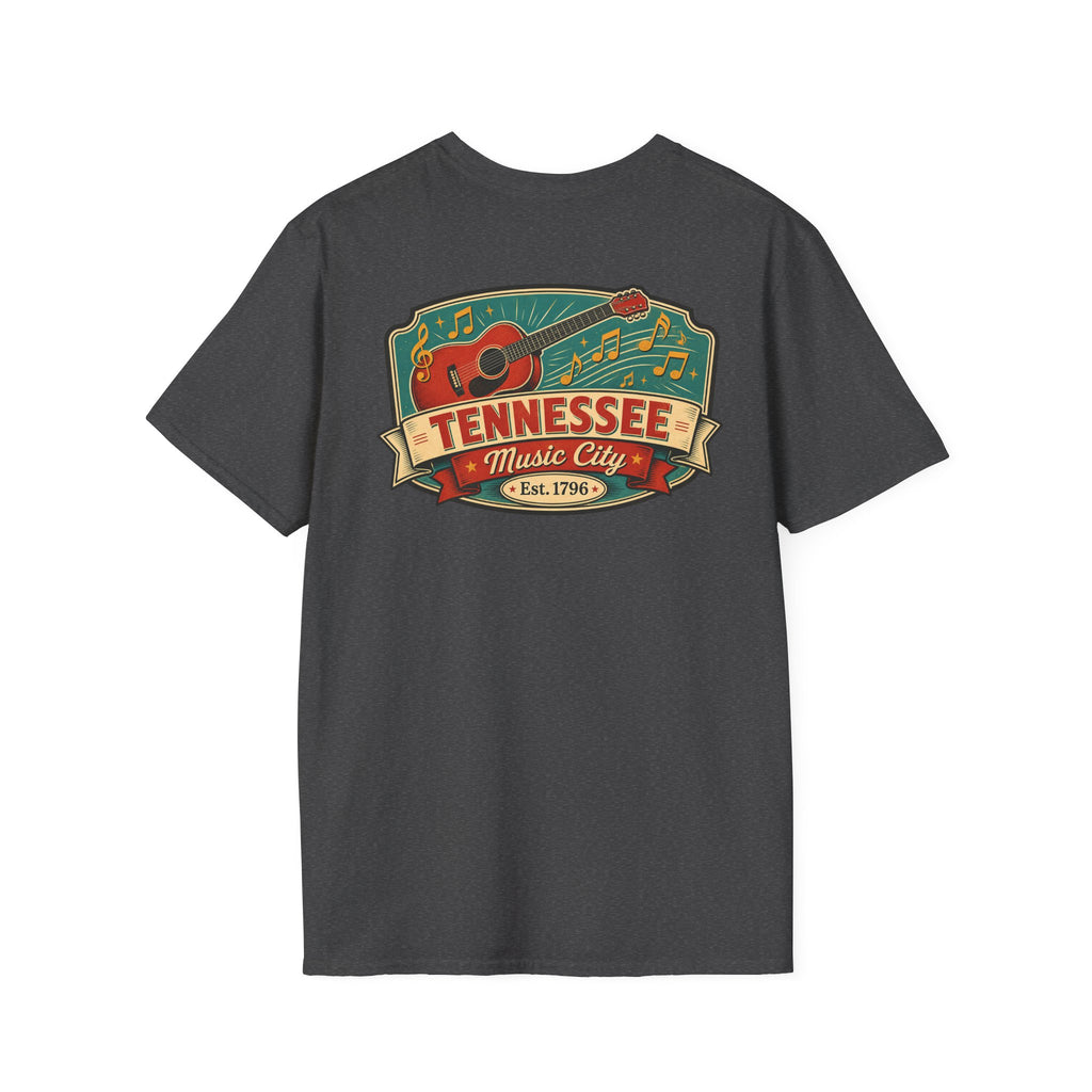 Dark gray graphic T-shirt with Tennessee Music City badge and guitar