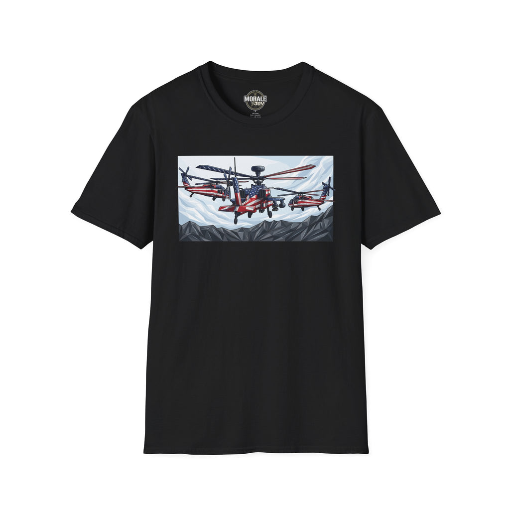 Black T-shirt with attack helicopter graphic on chest