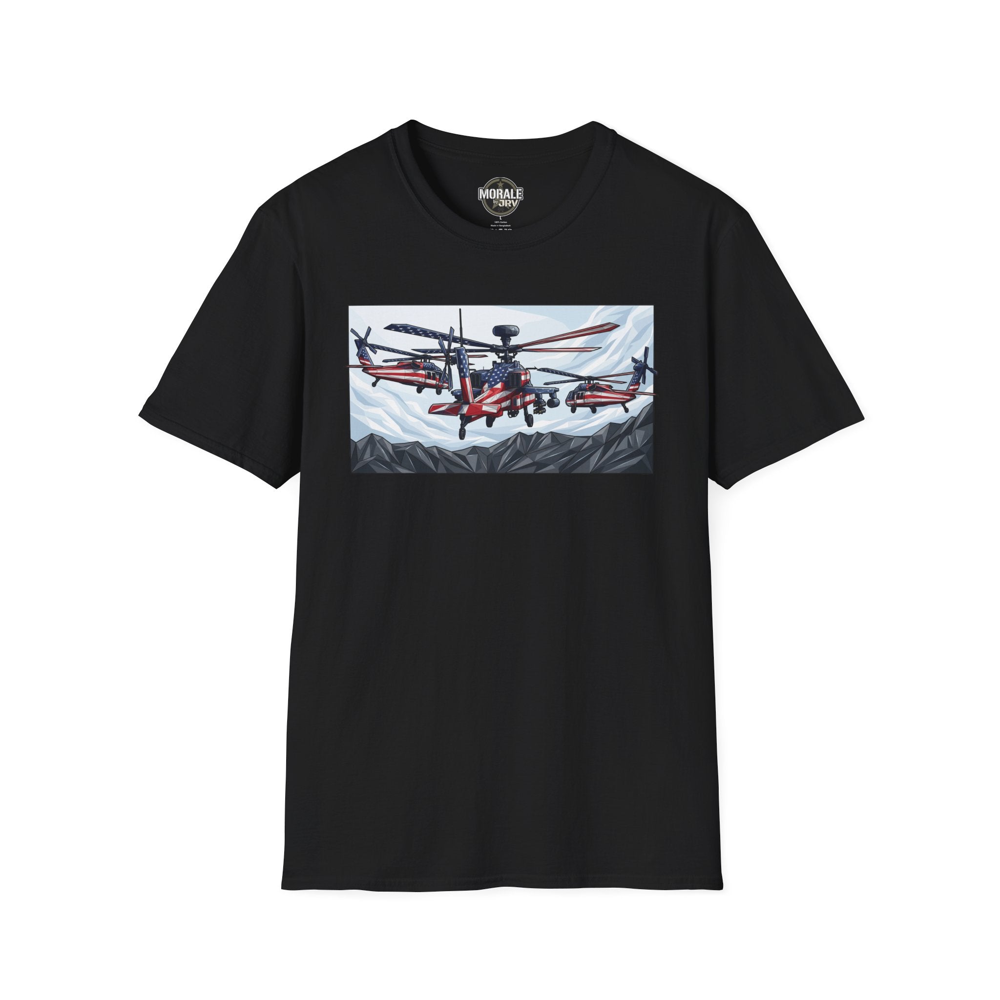 Black T-shirt with attack helicopter graphic on chest