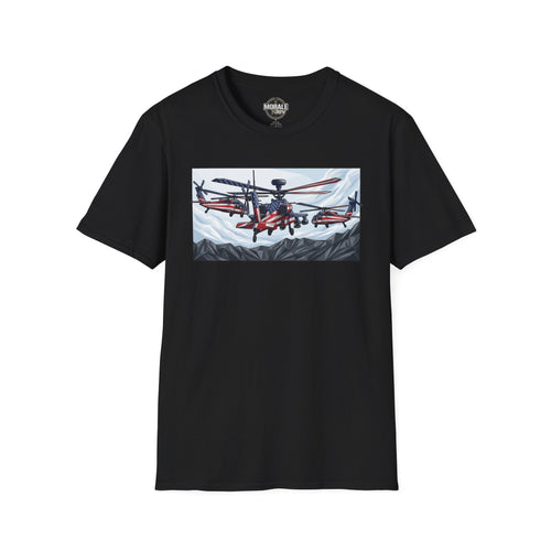 Black T-shirt with attack helicopter graphic on chest