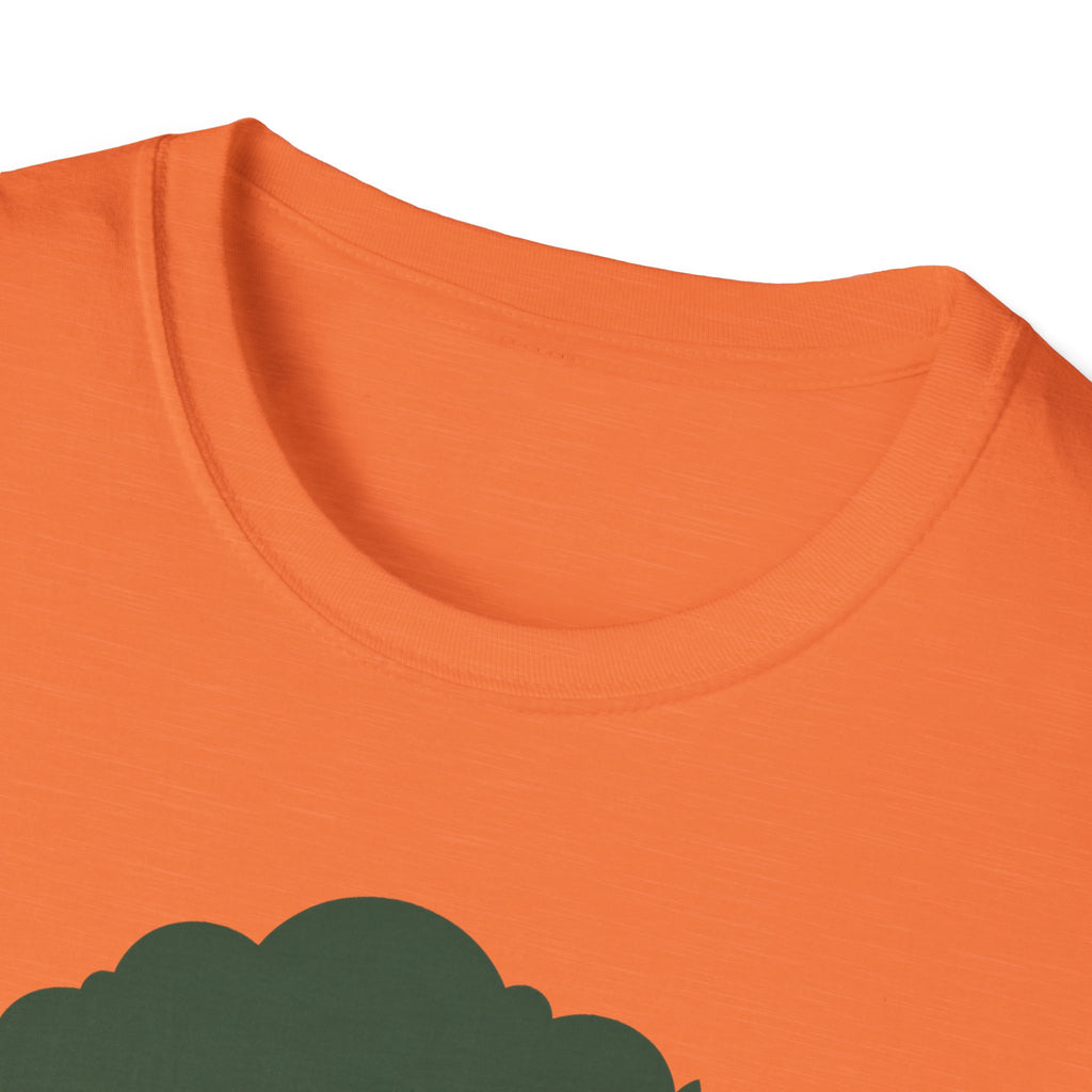 Orange T-shirt with green tree graphic, close-up of crew neck and canopy