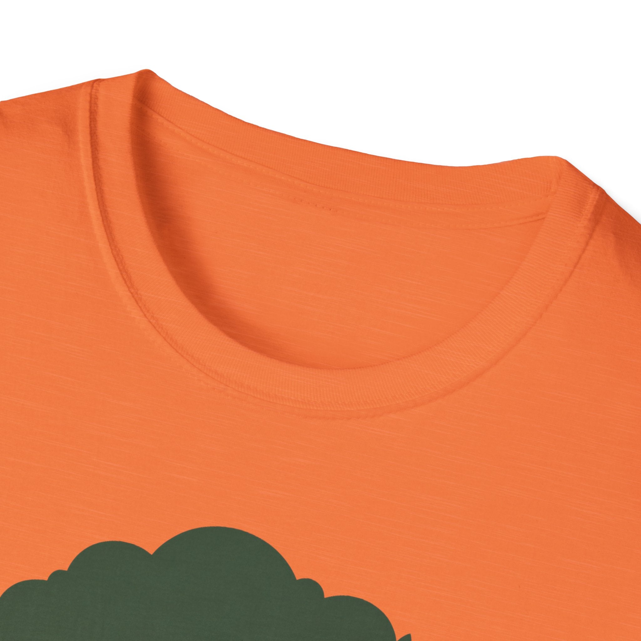 Orange T-shirt with green tree graphic, close-up of crew neck and canopy