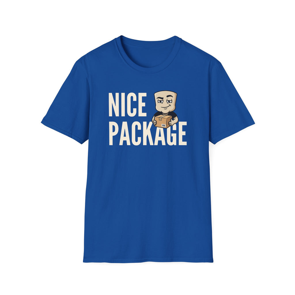 Royal blue T-shirt with 'NICE PACKAGE' graphic of a delivery worker holding a box
