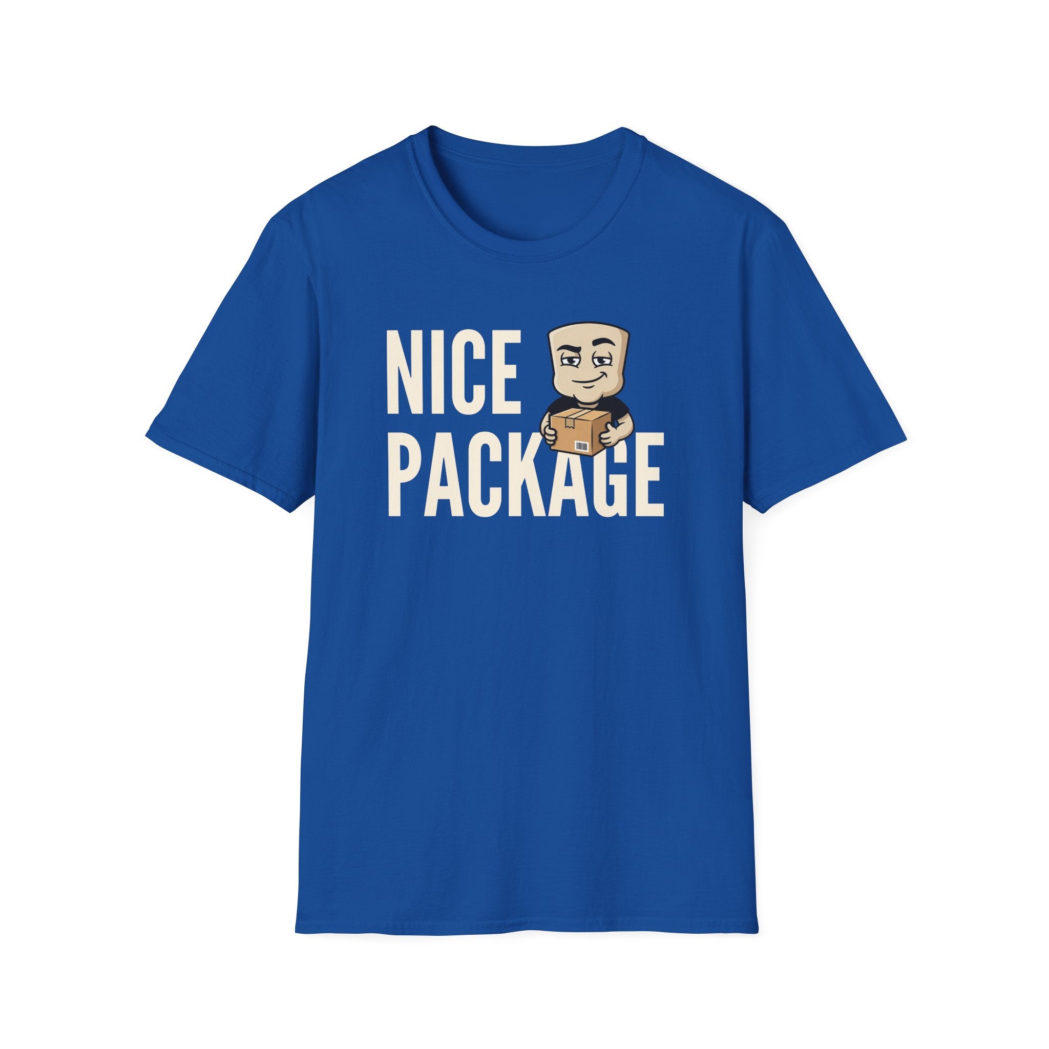 Royal blue T-shirt with 'NICE PACKAGE' graphic of a delivery worker holding a box