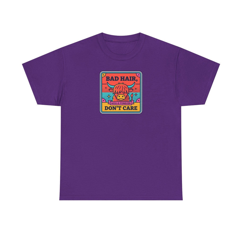 Purple t-shirt with square cow graphic reading “Bad Hair Don’t Care”.