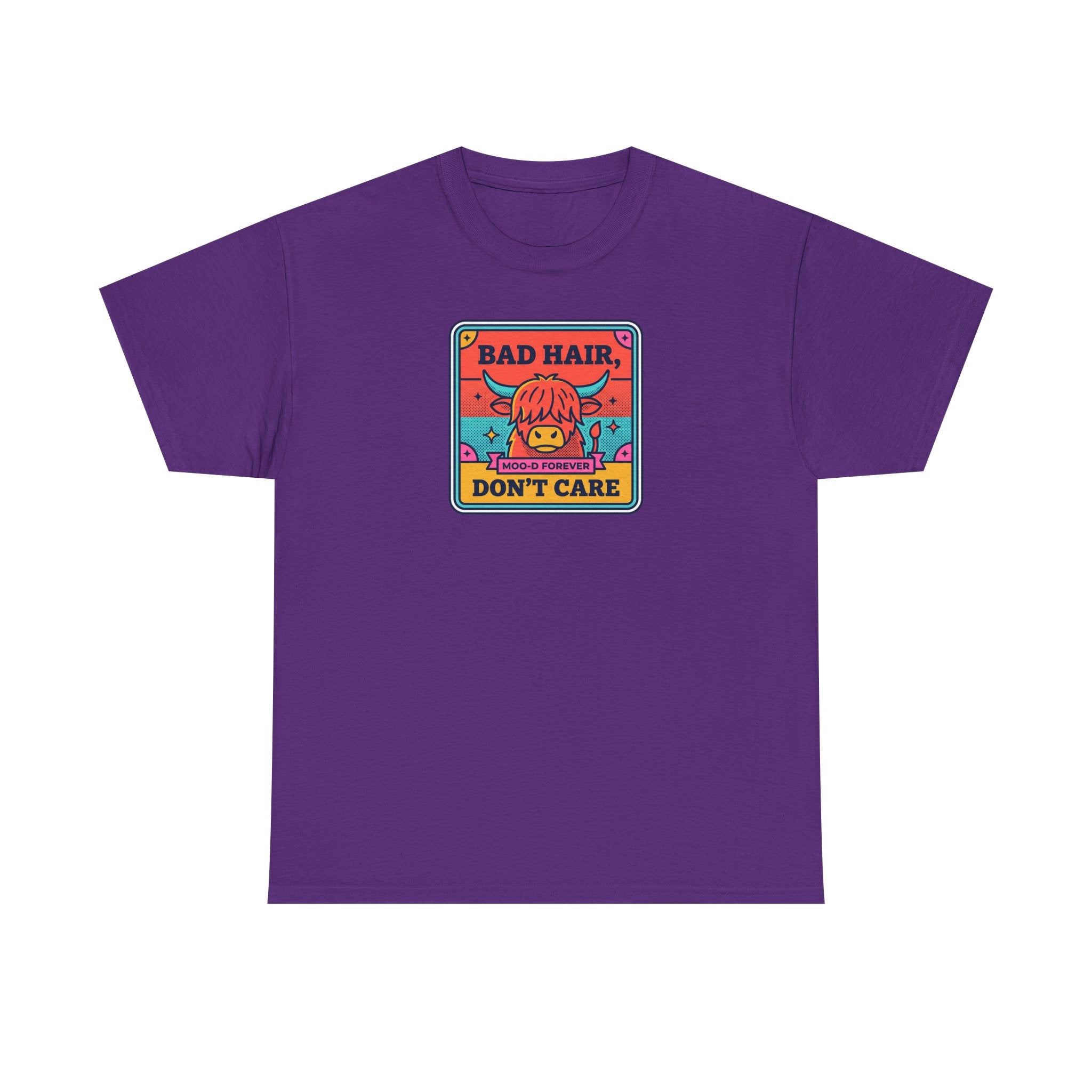 Purple t-shirt with square cow graphic reading “Bad Hair Don’t Care”.
