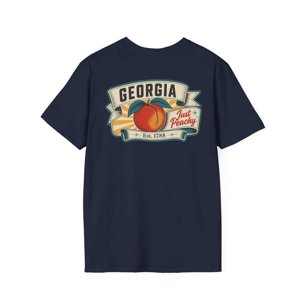 Navy T-shirt with Georgia badge logo and peach fruit graphic on front