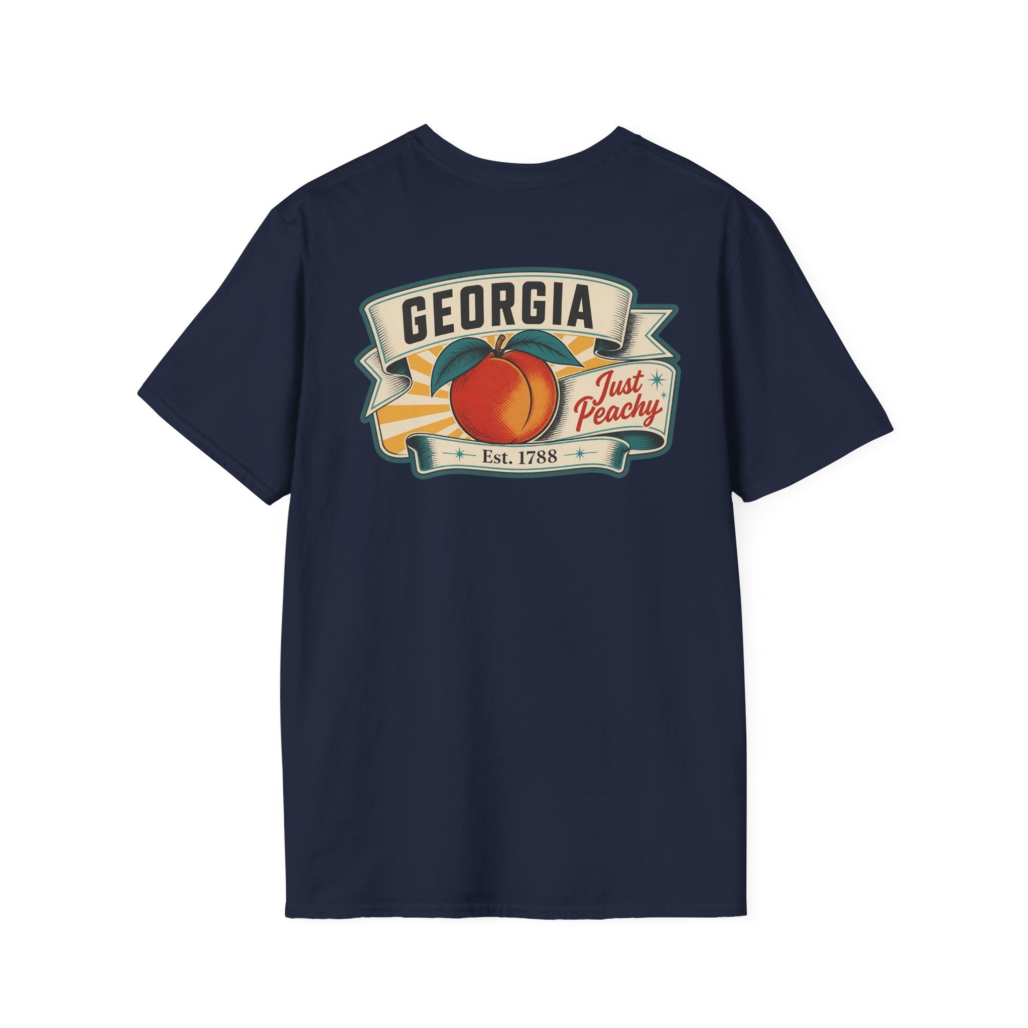 Navy T-shirt with Georgia badge logo and peach fruit graphic on front