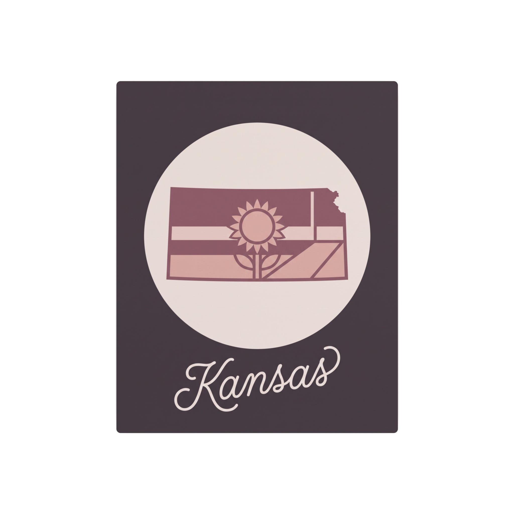 Kansas metal wall art sign featuring dark square panel, oval landscape sun, and Kansas text.