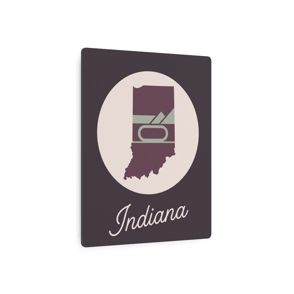 Indiana metal wall art with plum state emblem in cream circle and 'Indiana' script