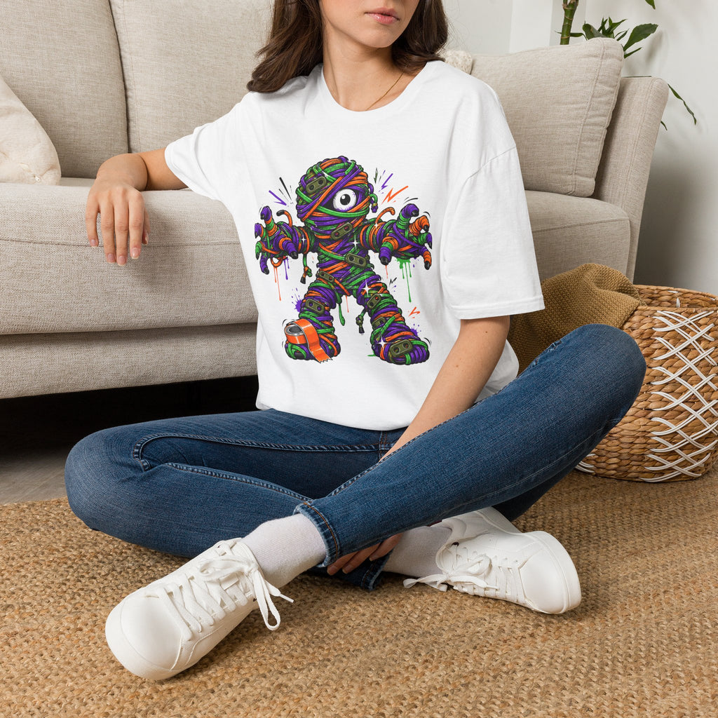 White T-shirt with colorful wrapped monster mummy graphic, worn by seated model