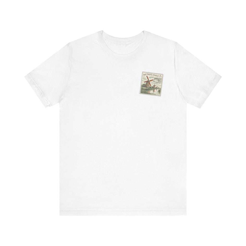 White T-shirt with small front windmill logo graphic, crew neck short sleeves