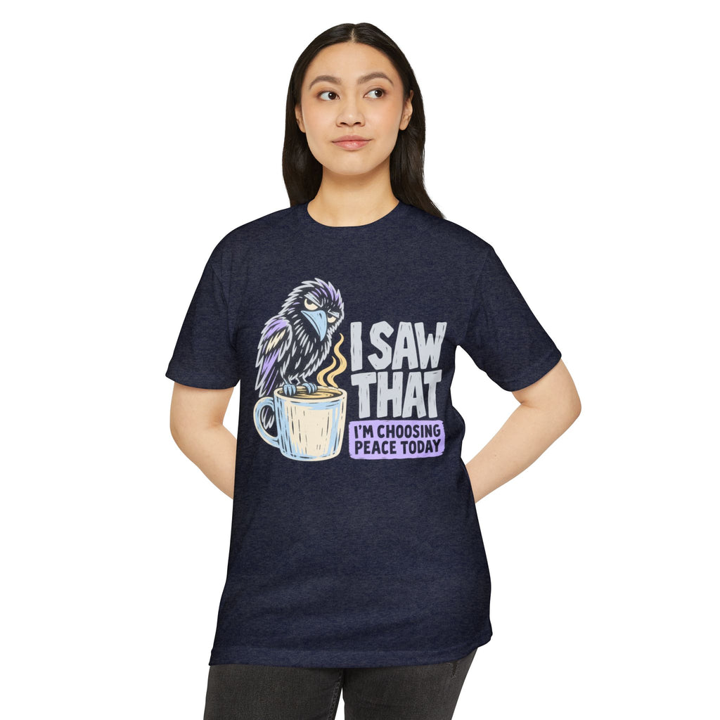 Navy t-shirt with raven and coffee mug graphic and peace quote, crew neck