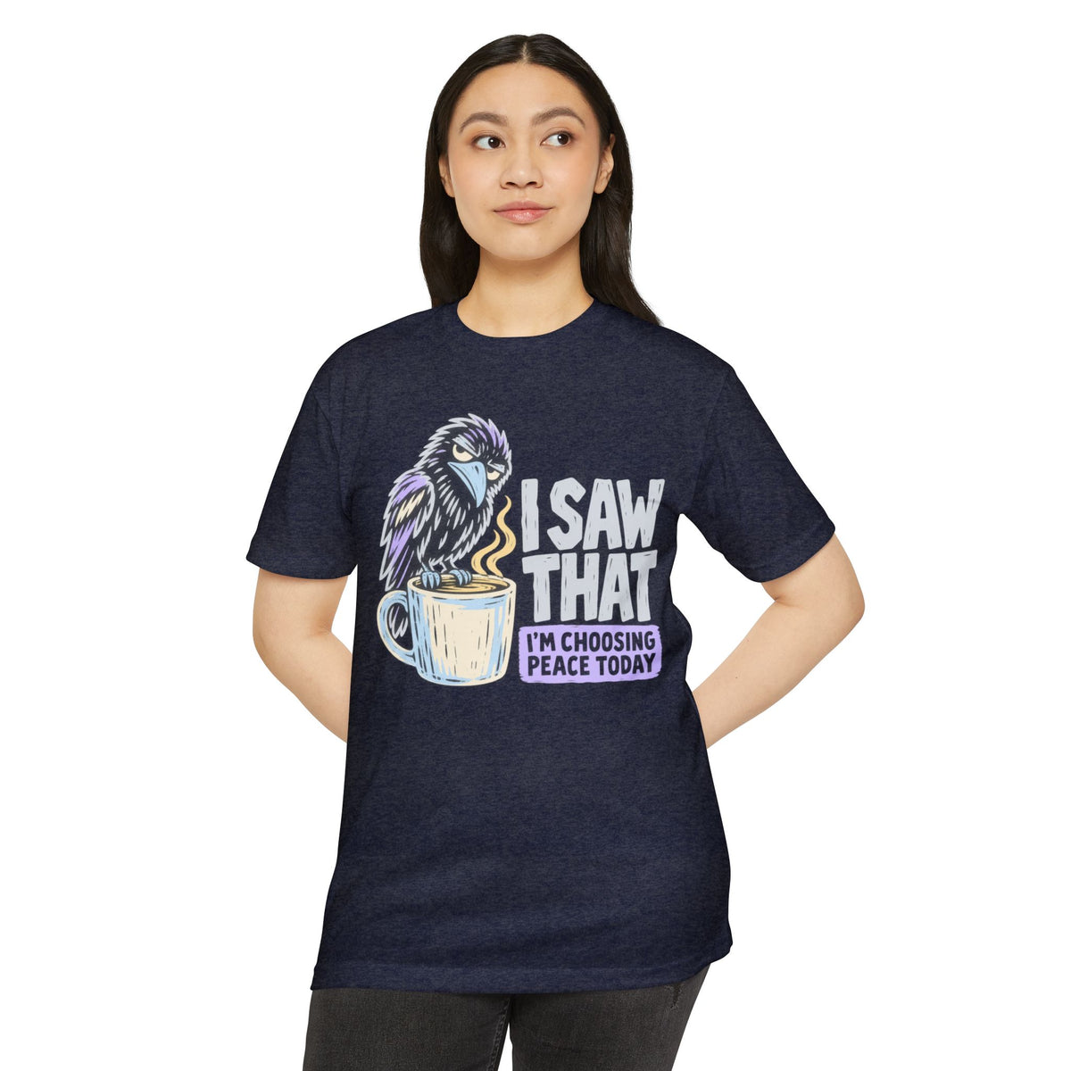 Navy t-shirt with raven and coffee mug graphic and peace quote, crew neck