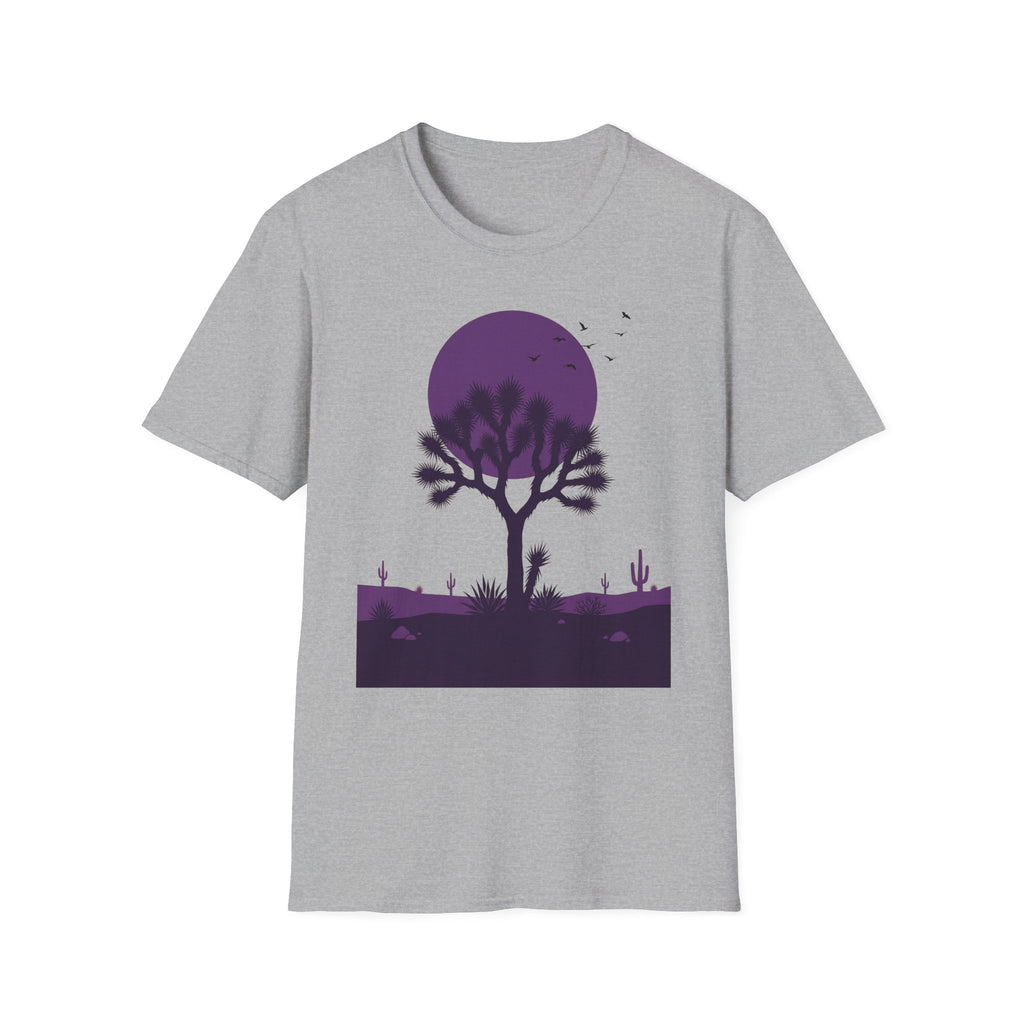 Light gray T-shirt with purple moon and Joshua tree desert landscape silhouette graphic
