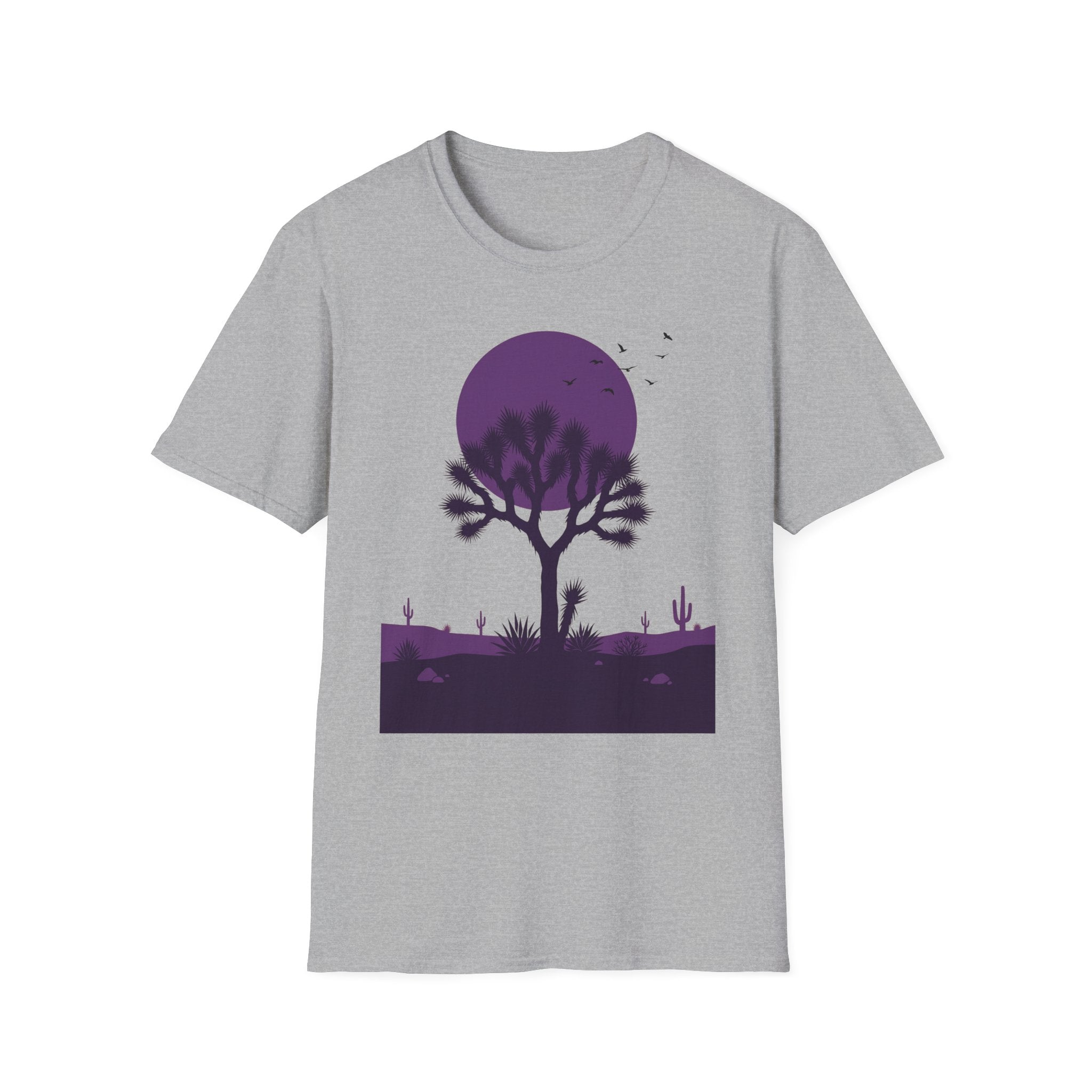 Light gray T-shirt with purple moon and Joshua tree desert landscape silhouette graphic