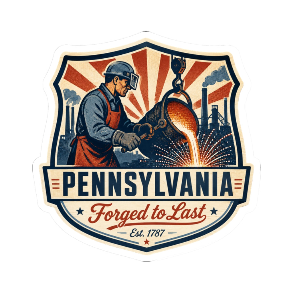 Shield sticker with Pennsylvania banner, 'Forged to Last' script, and Est. 1787