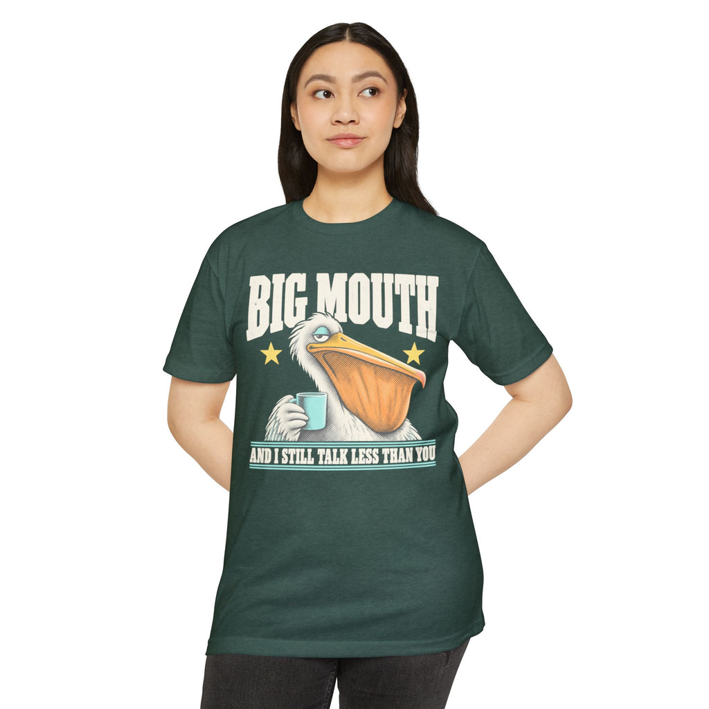 Teal green graphic T-shirt with pelican holding a coffee mug and “BIG MOUTH” text
