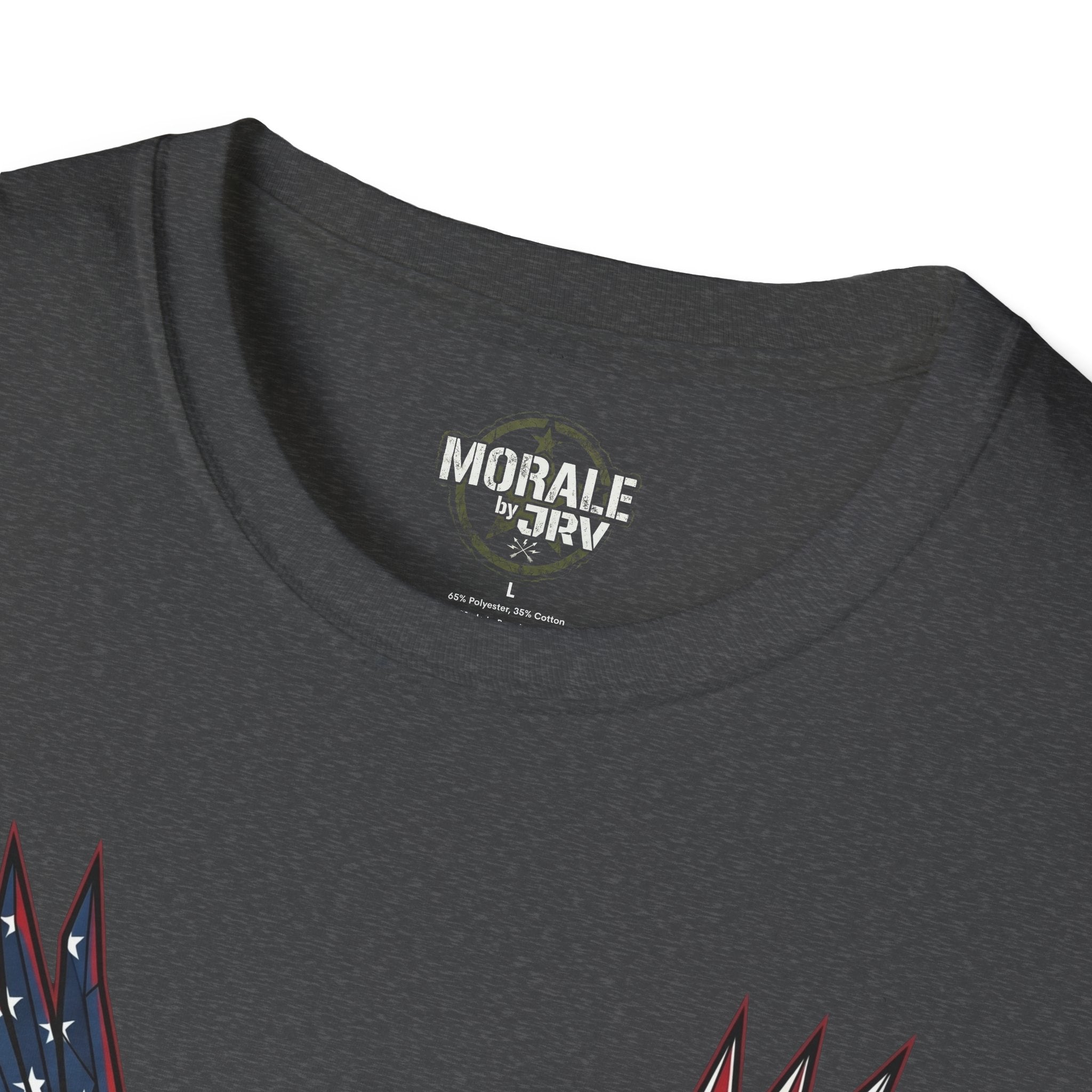 Dark Heather crew neck with printed neck label and fabric blend text
