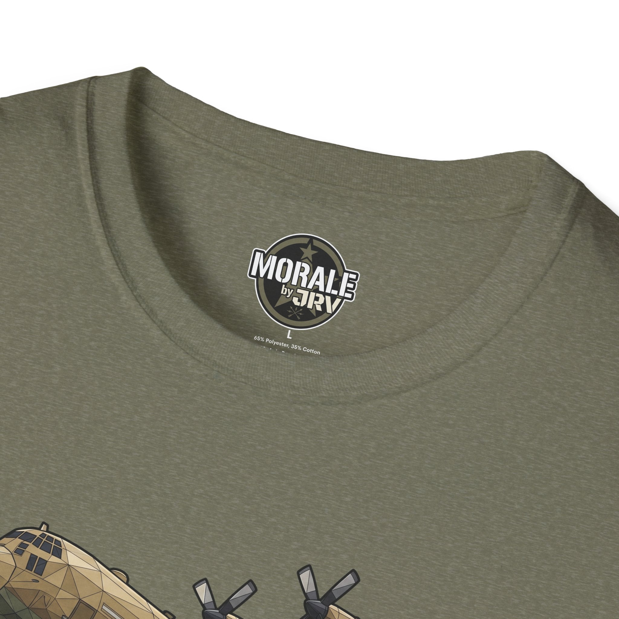 Olive T-shirt neckline with Morale Victory logo