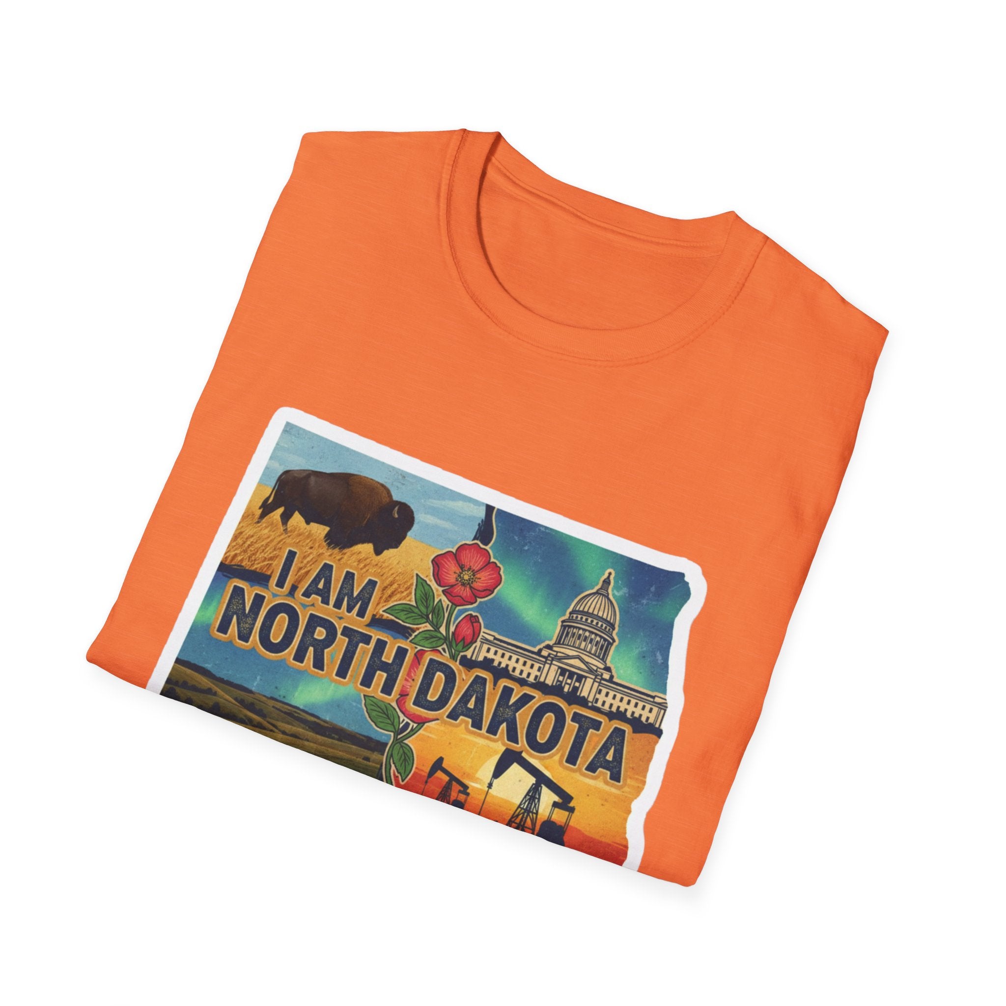 North Dakota T-shirt in orange with front graphic print: I Am North Dakota