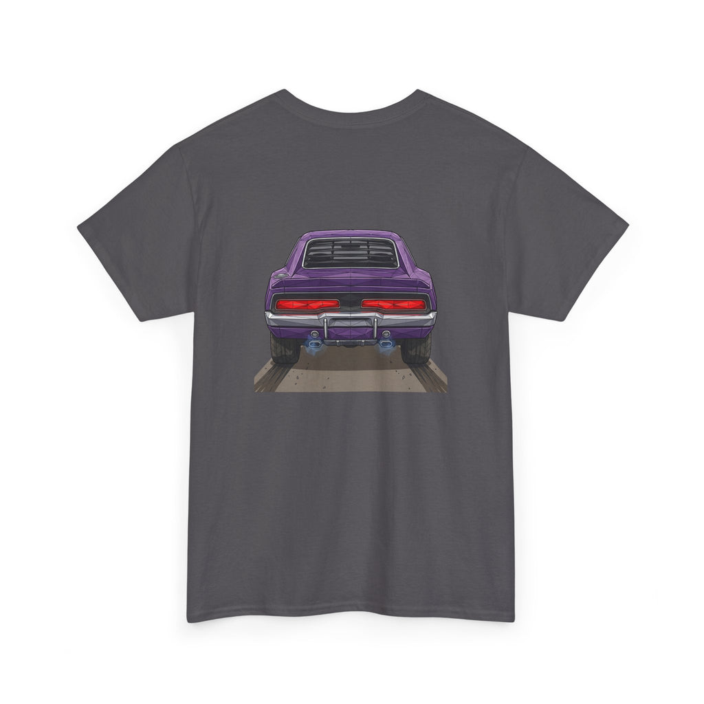 Charcoal short-sleeve T-shirt with purple retro car graphic centered on front