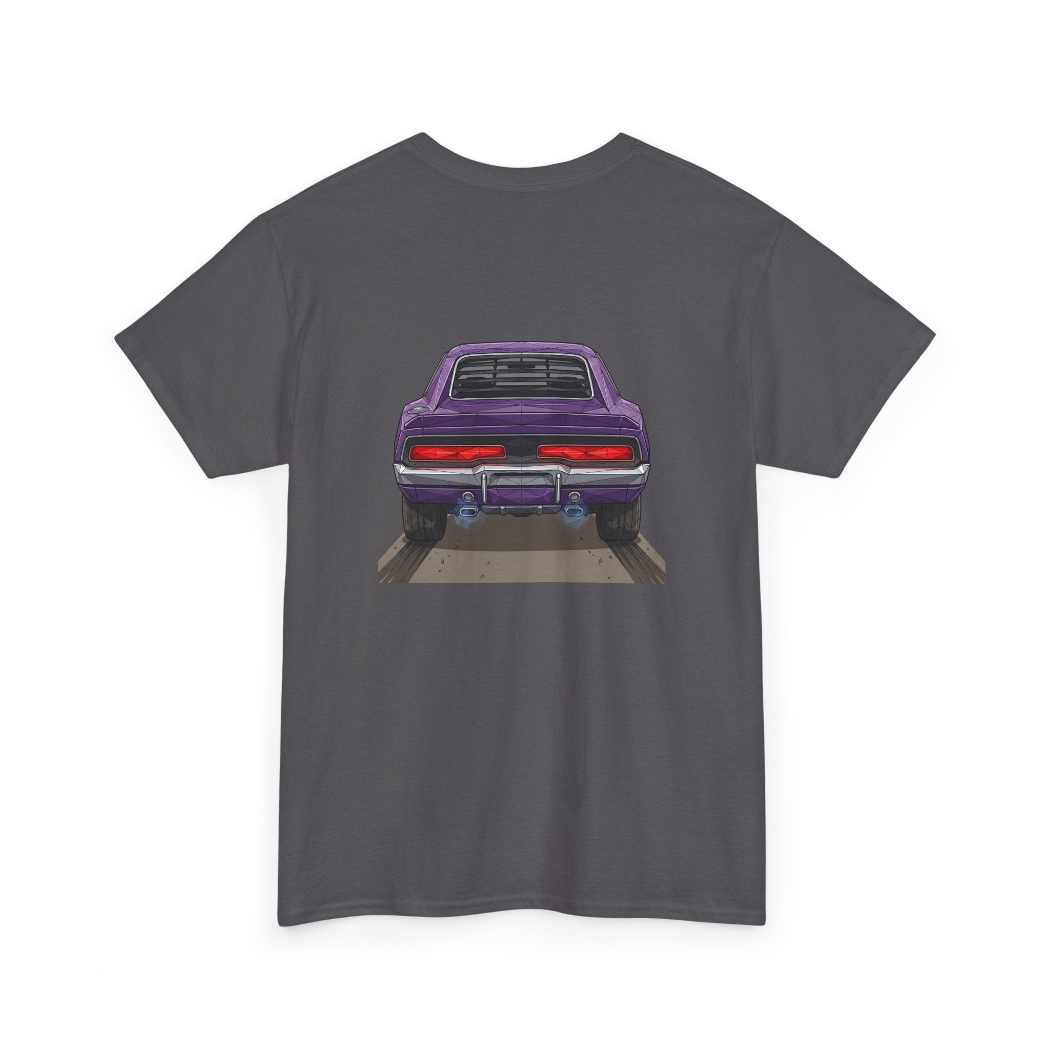 Charcoal short-sleeve T-shirt with purple retro car graphic centered on front