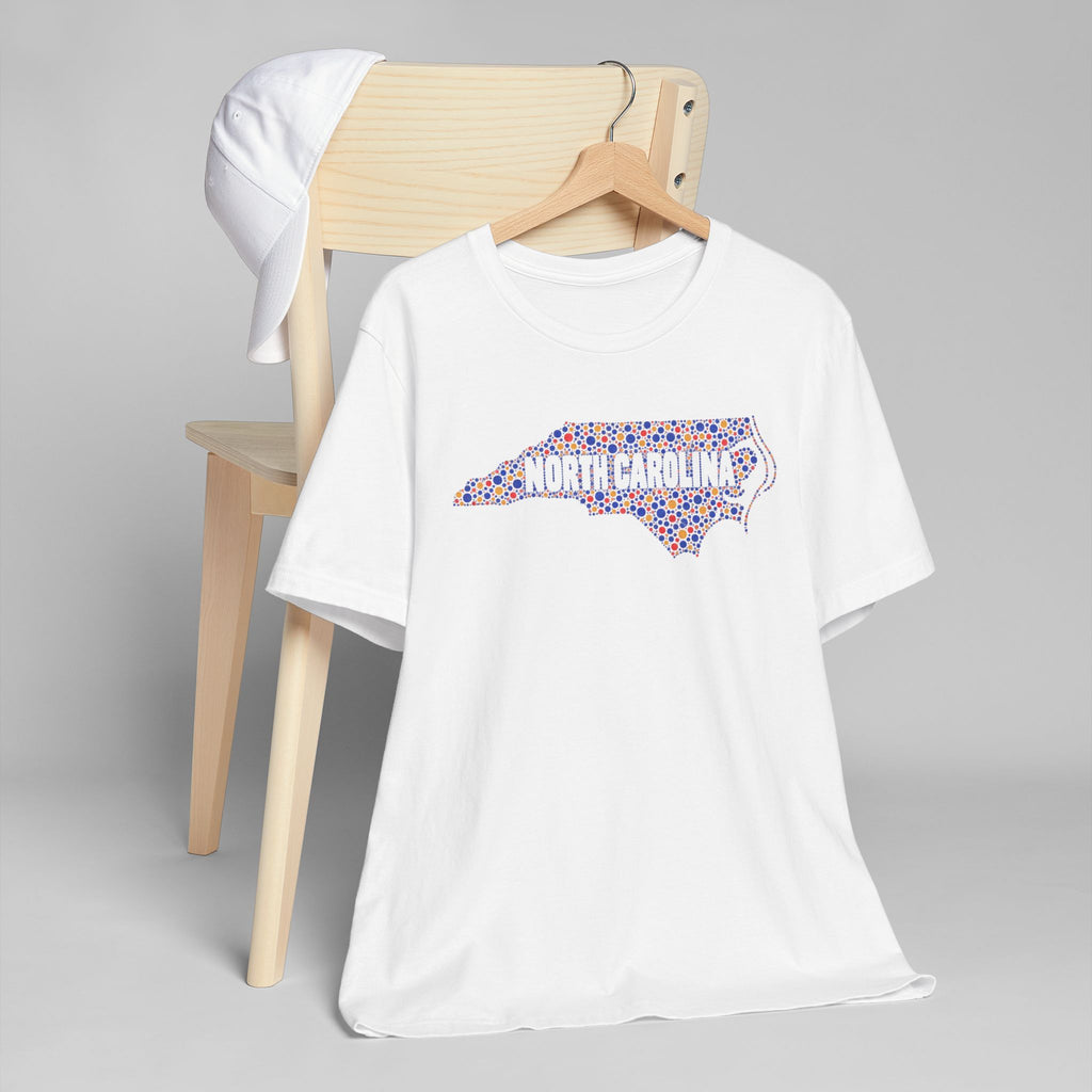 White crew-neck T-shirt with colorful North Carolina floral map graphic
