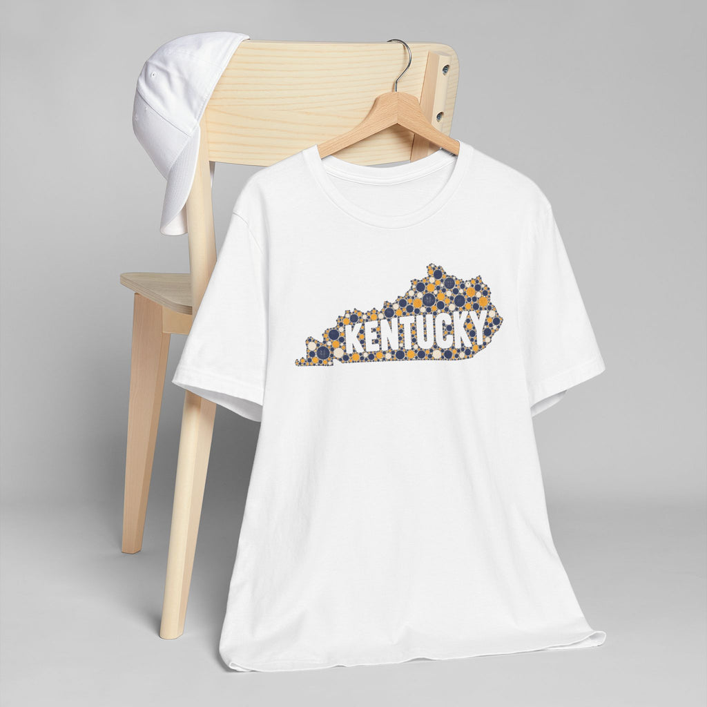 Kentucky State Shape T-Shirt | Blue and Gold Pattern Kentucky Outline Graphic Tee