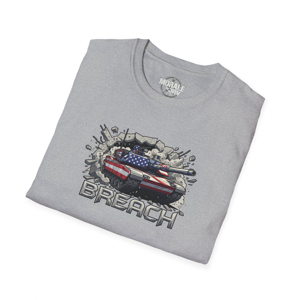 Sport grey tank breach T-shirt with American flag graphic and "BREACH" text