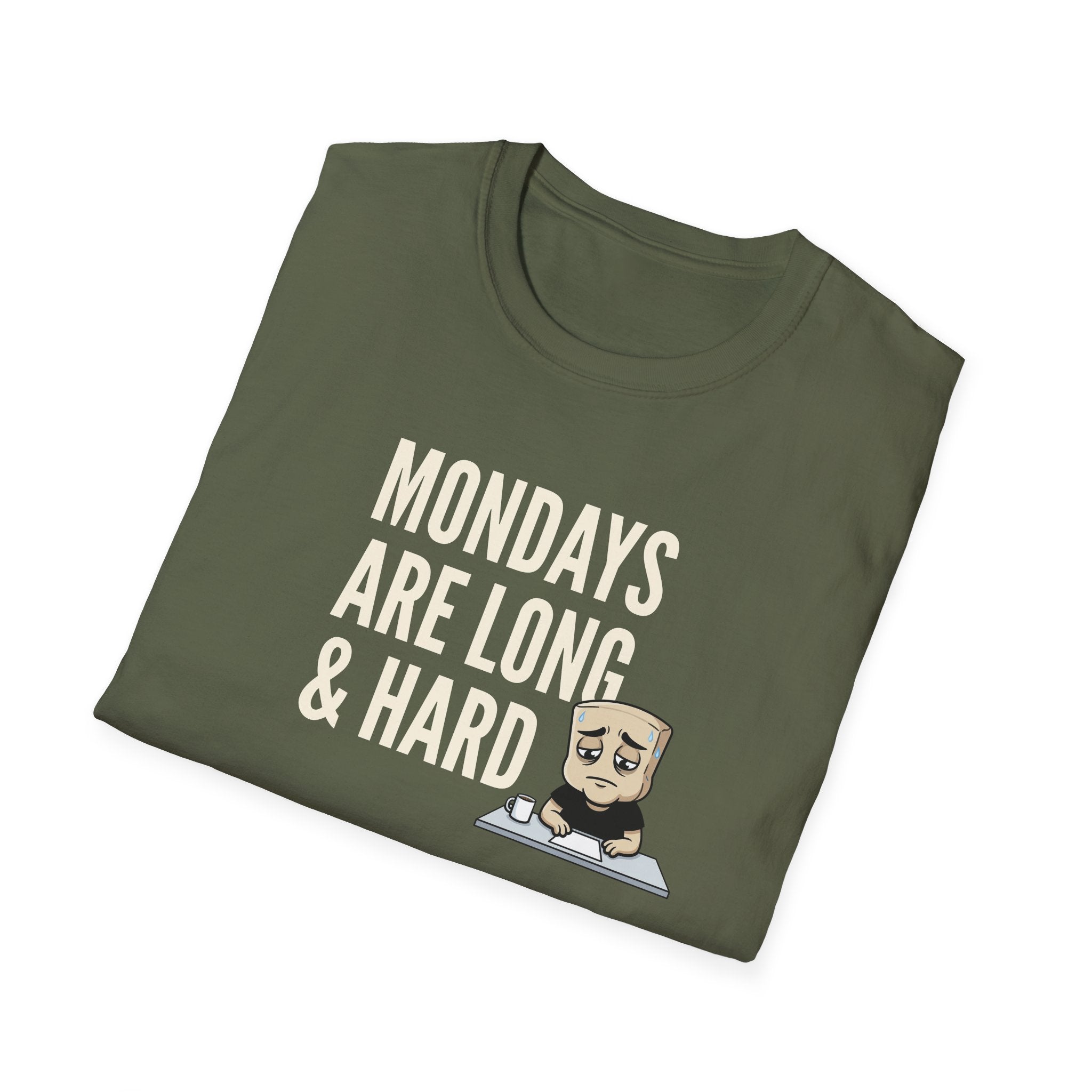 Olive green T-shirt with “Mondays are long & hard” coffee mug graphic