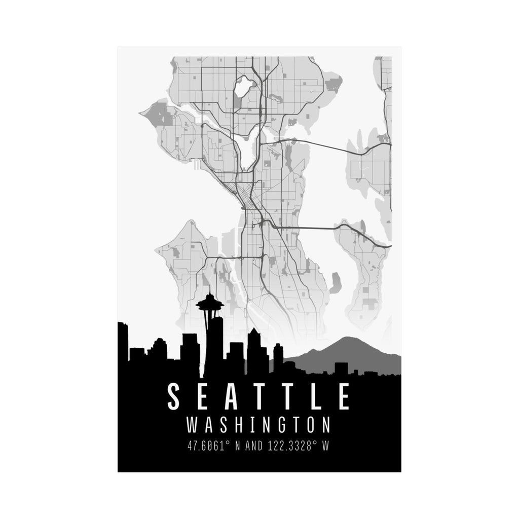 Seattle skyline map poster, matte vertical hanging view with skyline silhouette and coordinates