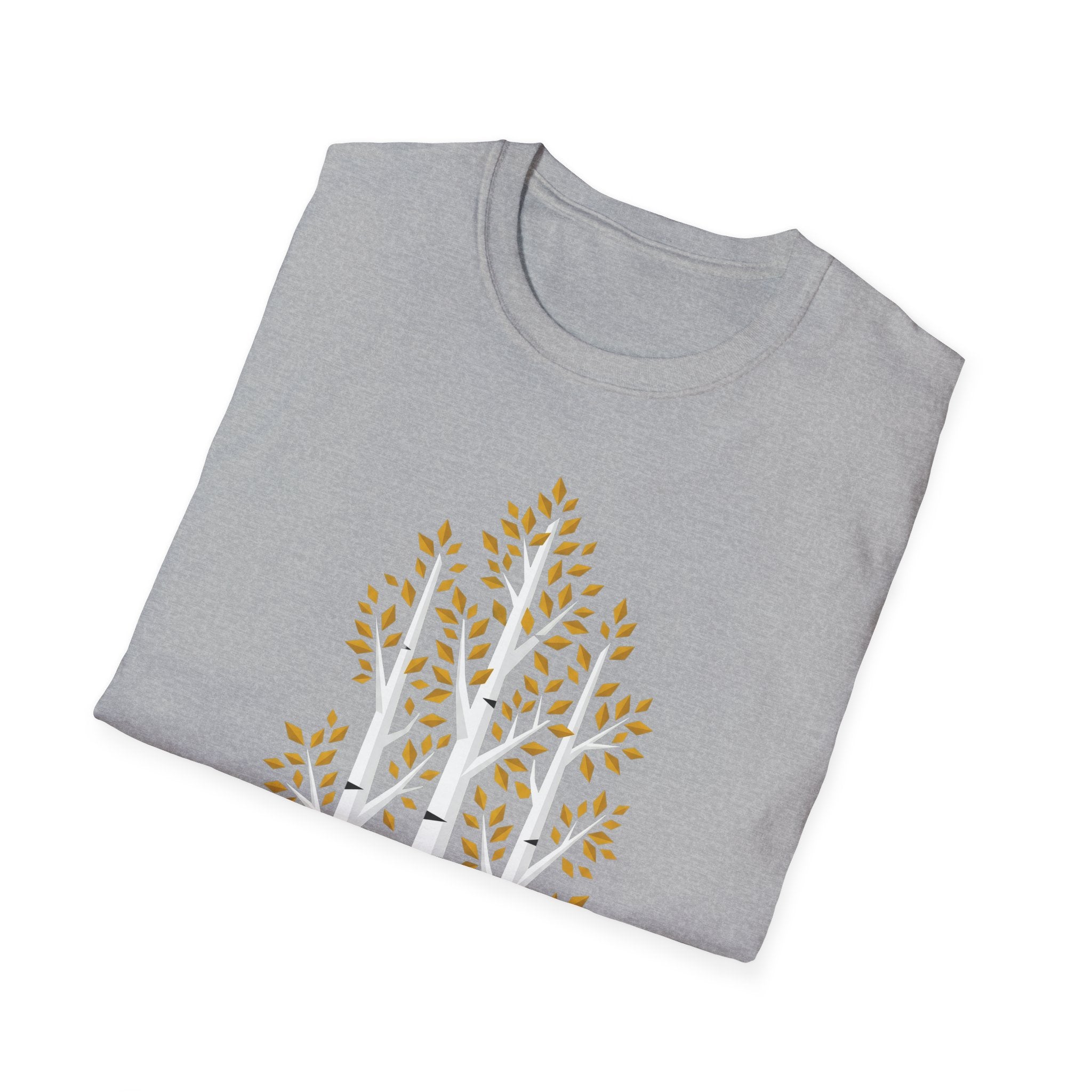Sport Grey T-shirt with birch tree forest graphic: white trunks and gold leaves
