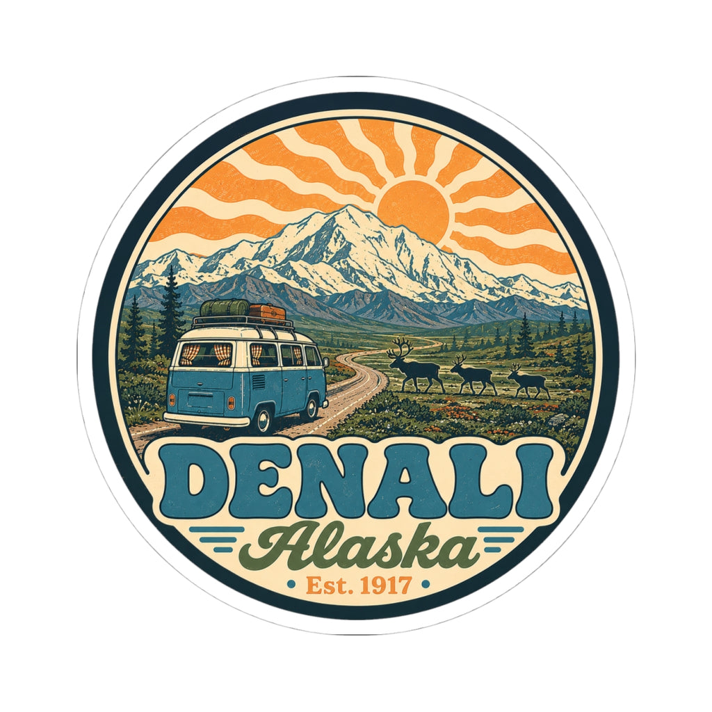 Round outdoor-themed sticker featuring Denali Alaska text, mountain landscape, and teal van