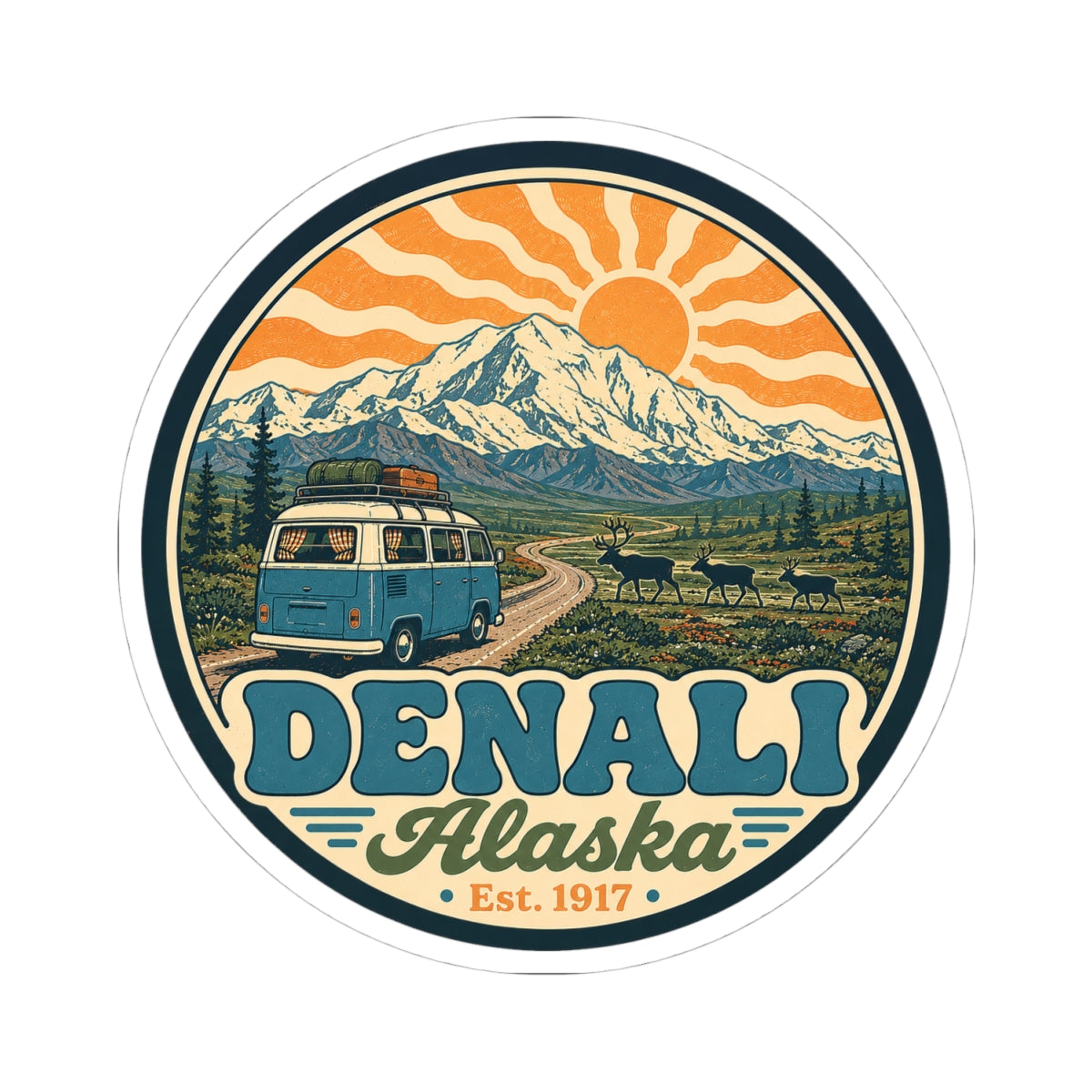 Round outdoor-themed sticker featuring Denali Alaska text, mountain landscape, and teal van