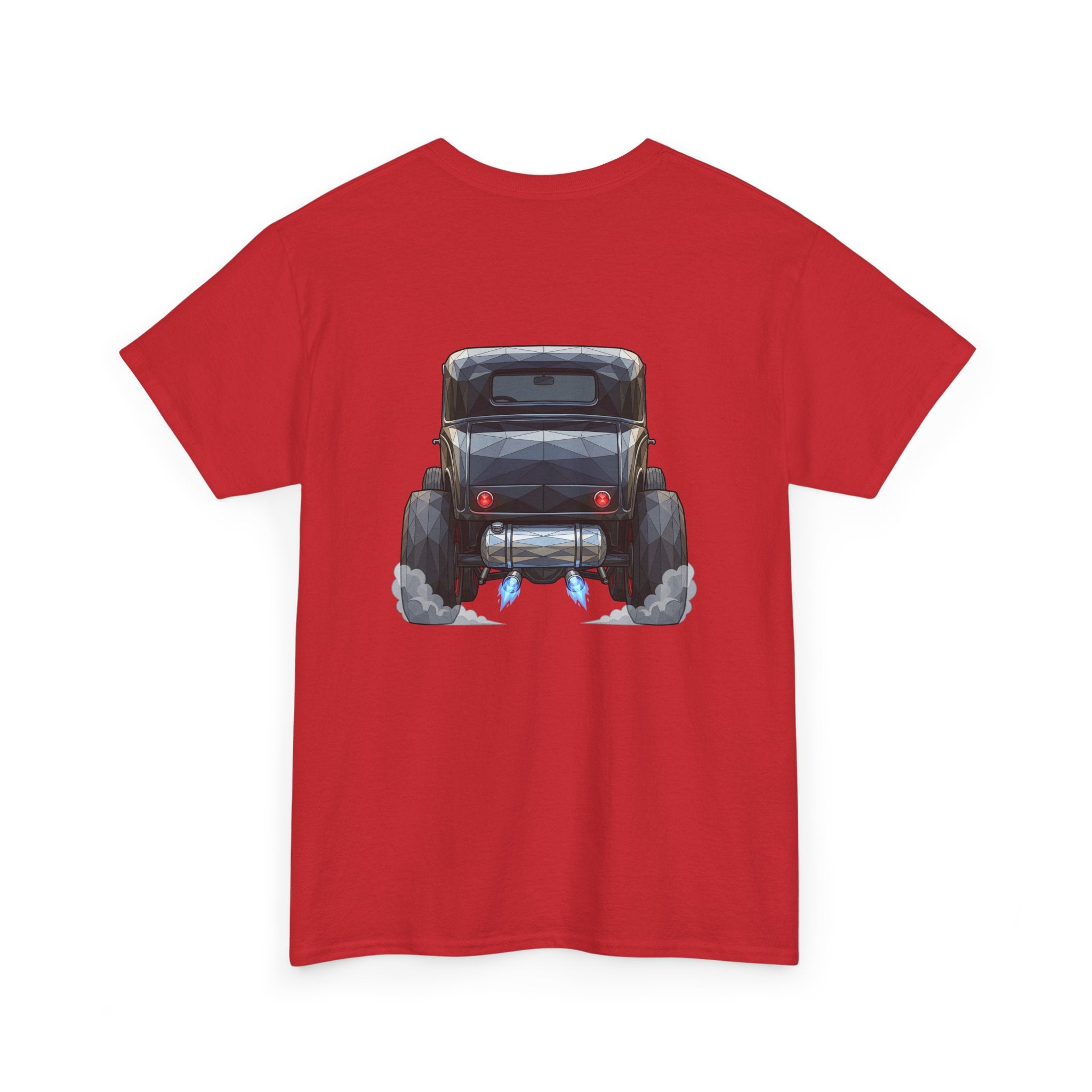 Red short-sleeve T-shirt with vintage hot rod graphic on the chest, smaller centered print