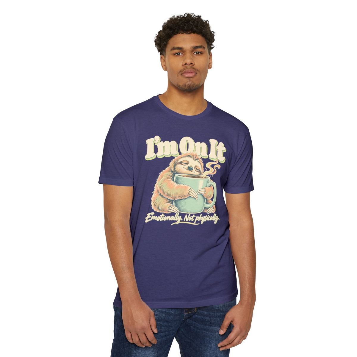 Navy crew-neck t-shirt with “I’m On It” lazy sloth coffee graphic on front