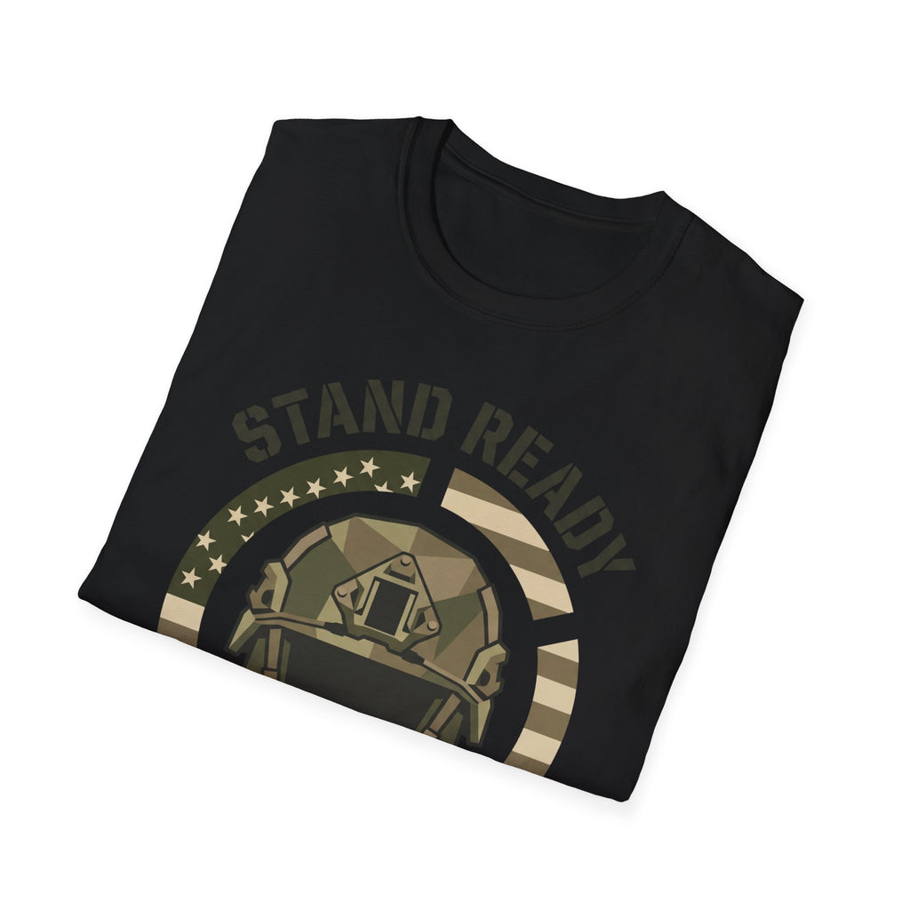 Black crew-neck T-shirt with partial circular camo helmet graphic and “STAND READY” text