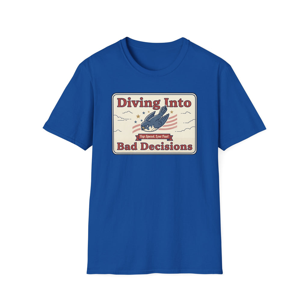 Royal blue T-shirt with “Diving Into Bad Decisions” retro shark graphic on front